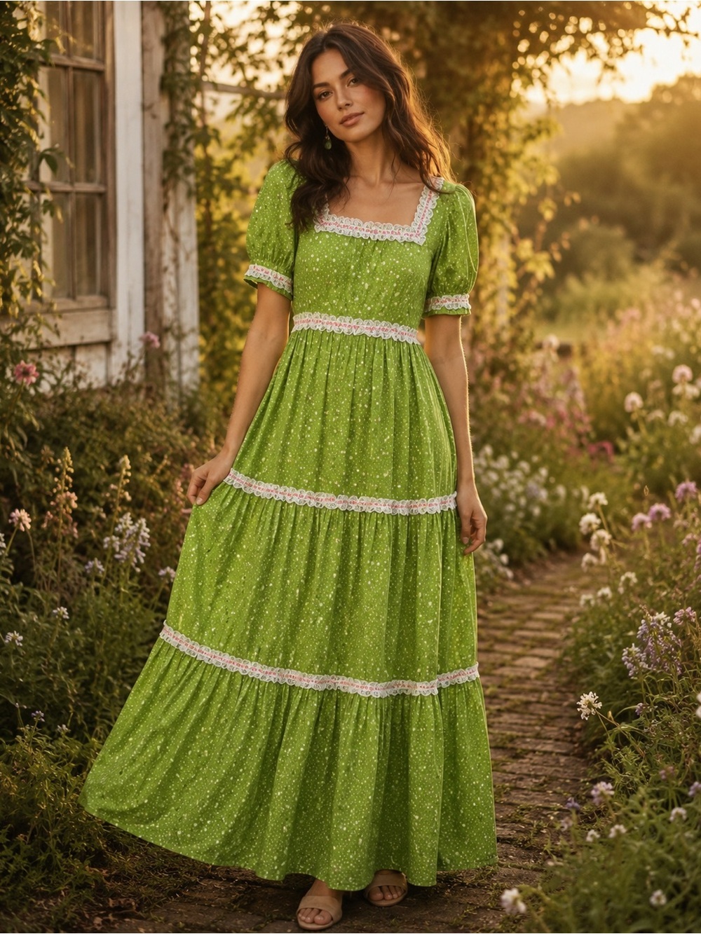1970’s Floral Lace Trim Prairie Maxi Dress - XS